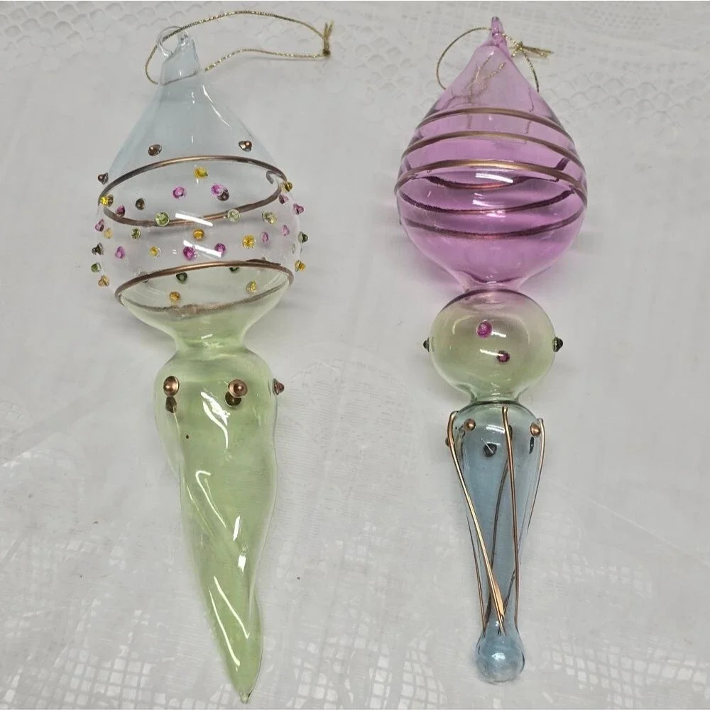 2 Hand Blown Lime Art Glass Finial Christmas Ornament Raised Polka Dots Trim 7